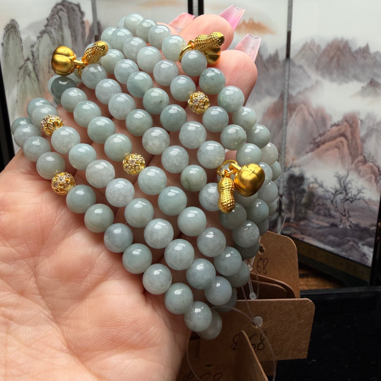 natural-type-a-blue-burmese-jadeite-jade-beaded-bracelet-7-8mm-gold-charms-mais-jewelry