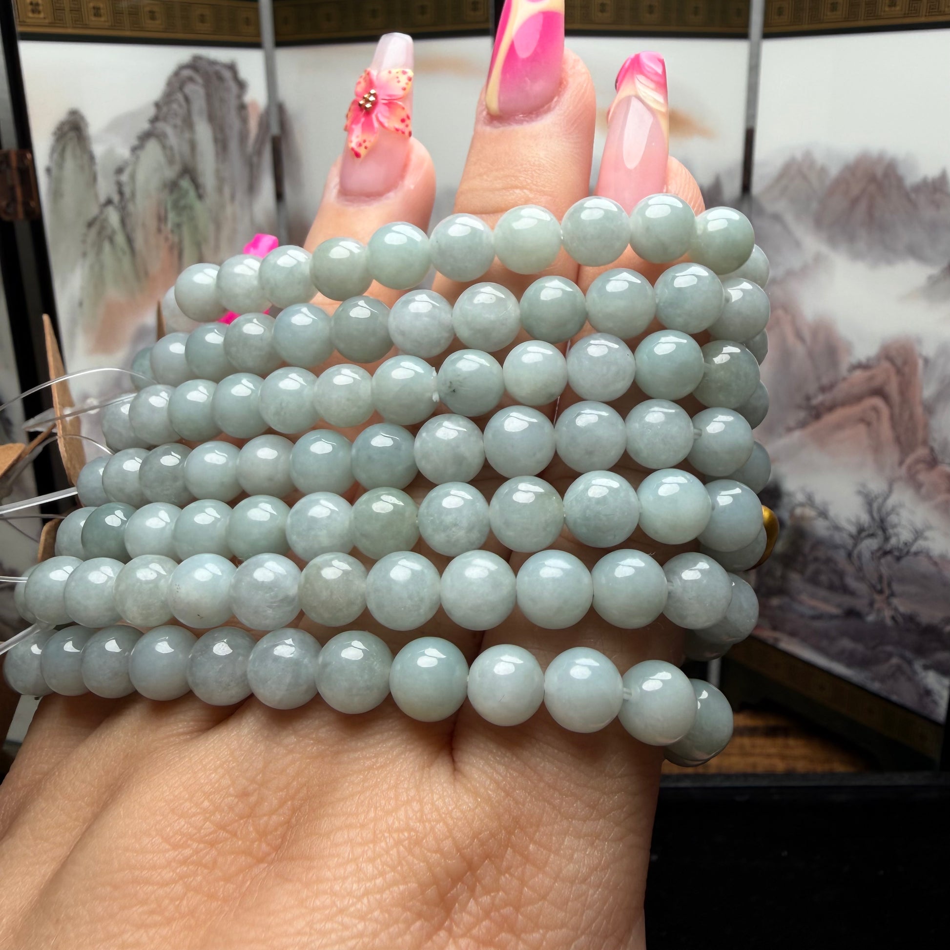 natural-type-a-blue-burmese-jadeite-jade-beaded-bracelet-7-8mm-gold-charms-mais-jewelry