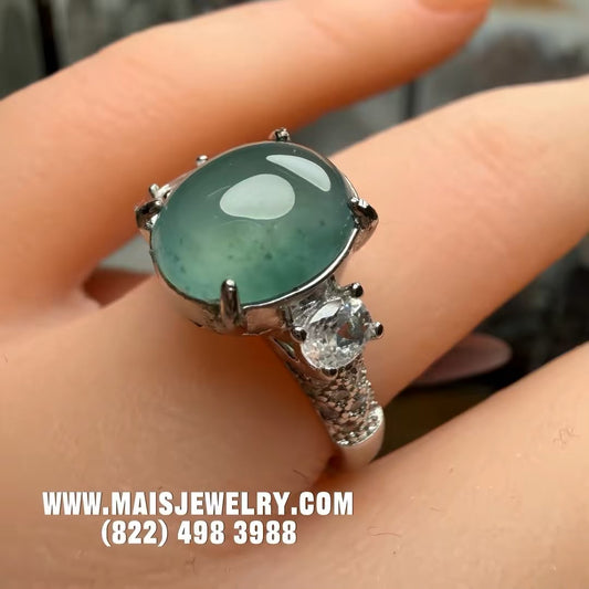 Silver Jade Ring - Natural Type A Green Burmese Oval Cabochon | SR01