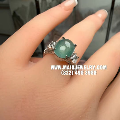 Silver Jade Ring - Natural Type A Green Burmese Oval Cabochon | SR01