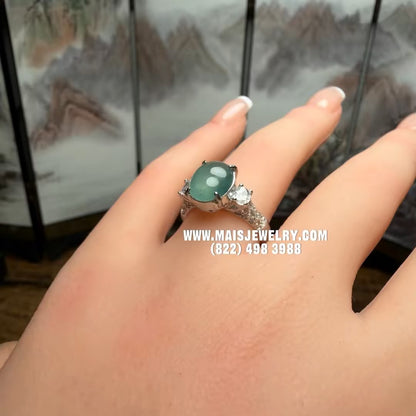Silver Jade Ring - Natural Type A Green Burmese Oval Cabochon | SR01
